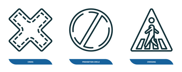 Poster - set of 3 linear icons from signs concept. outline icons such as cross, prohibition circle, crossing vector