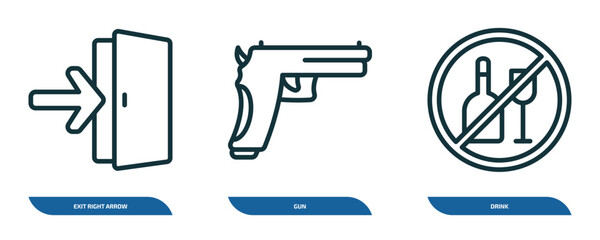 Poster - set of 3 linear icons from signs concept. outline icons such as exit right arrow, gun, drink vector