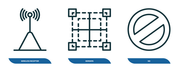 Poster - set of 3 linear icons from signs concept. outline icons such as wireless receptor, borders, no vector