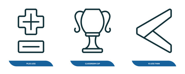 Poster - set of 3 linear icons from signs concept. outline icons such as plus less, classroom cup, is less than vector