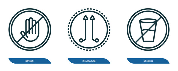 Poster - set of 3 linear icons from signs concept. outline icons such as no touch, is parallel to, no drinks vector
