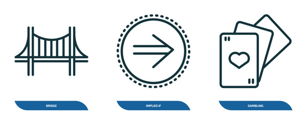 Poster - set of 3 linear icons from signs concept. outline icons such as bridge, implies if, gambling vector