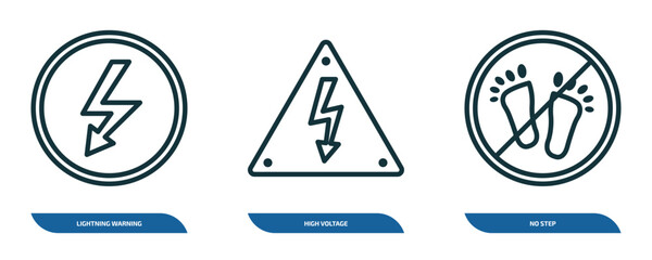 Poster - set of 3 linear icons from signs concept. outline icons such as lightning warning, high voltage, no step vector