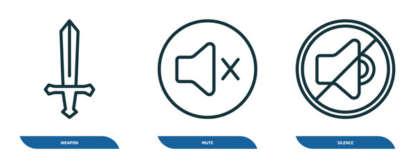 Poster - set of 3 linear icons from signs concept. outline icons such as weapon, mute, silence vector