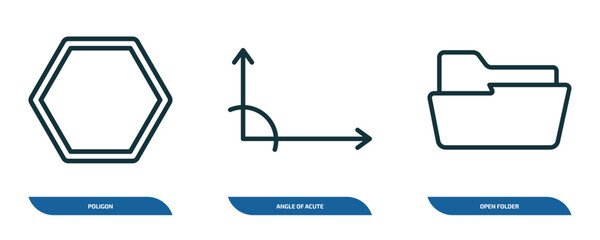 Poster - set of 3 linear icons from shapes concept. outline icons such as poligon, angle of acute, open folde