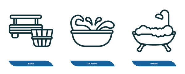 Poster - set of 3 linear icons from sauna concept. outline icons such as banja, splashing, hamam vector