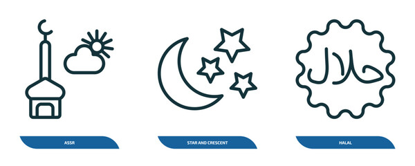 Poster - set of 3 linear icons from religion concept. outline icons such as assr, star and crescent moon, halal vector
