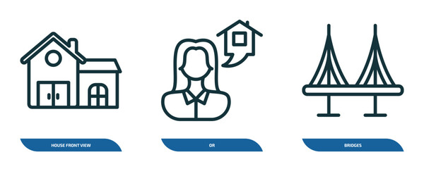 Poster - set of 3 linear icons from real estate concept. outline icons such as house front view, or, bridges vector