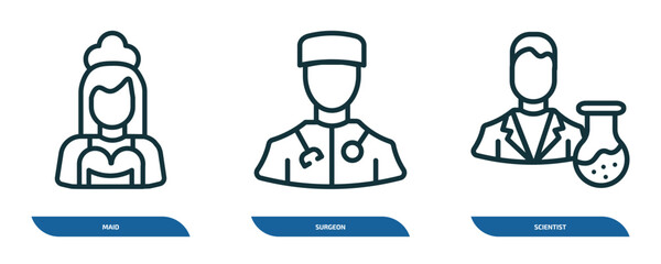Poster - set of 3 linear icons from professions concept. outline icons such as maid, surgeon, scientist vector