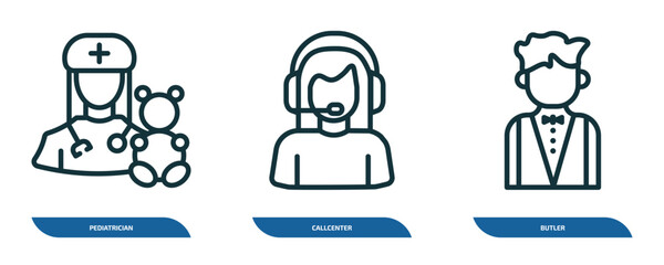 Aufkleber - set of 3 linear icons from professions concept. outline icons such as pediatrician, callcenter, butl