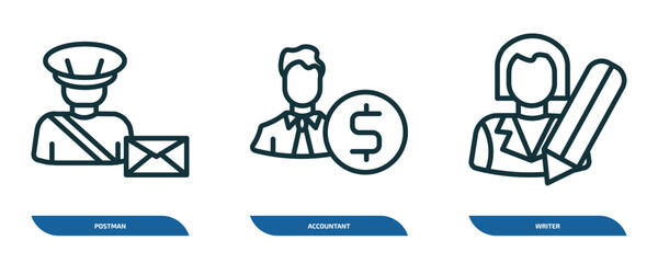 Poster - set of 3 linear icons from professions concept. outline icons such as postman, accountant, writer vector