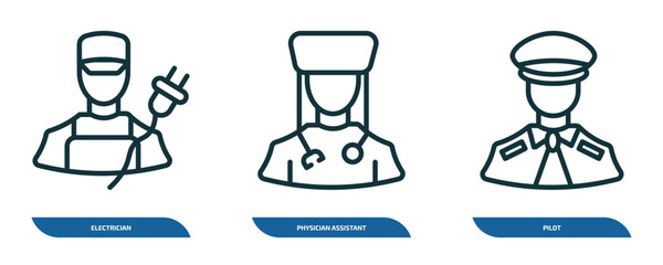 Poster - set of 3 linear icons from professions concept. outline icons such as electrician, physician assistant, pilot vector