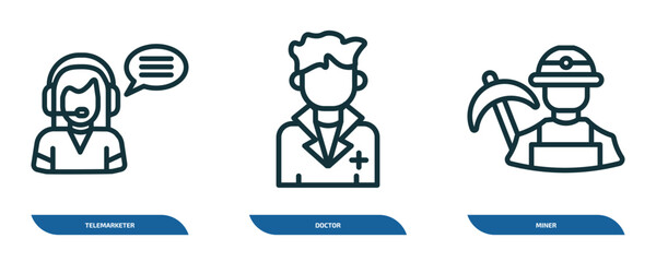 Poster - set of 3 linear icons from professions concept. outline icons such as telemarketer, doctor, miner ve