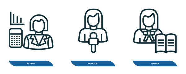 Poster - set of 3 linear icons from professions concept. outline icons such as actuary, journalist, teacher vector