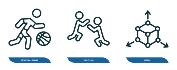 Poster - set of 3 linear icons from professions & jobs concept. outline icons such as basketball player, wrestling, model vector