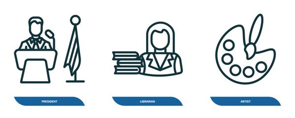 Poster - set of 3 linear icons from professions collection. concept. outline icons such as president, librarian, artist vector