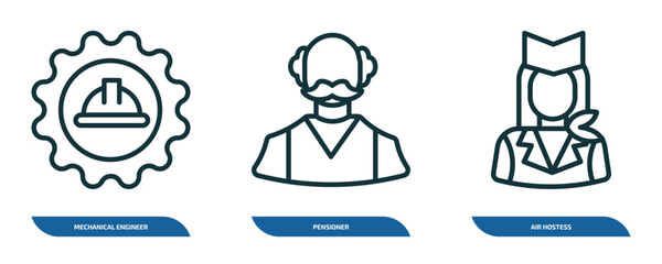 Poster - set of 3 linear icons from professions concept. outline icons such as mechanical engineer, pensioner, air hostess vector
