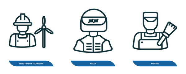 Poster - set of 3 linear icons from professions concept. outline icons such as wind turbine technician, racer, painter vector