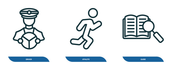 Poster - set of 3 linear icons from professions concept. outline icons such as driver, athlete, guide vector