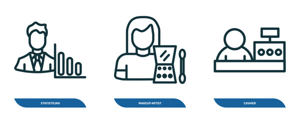Poster - set of 3 linear icons from professions concept. outline icons such as statistician, makeup artist, cashier vector