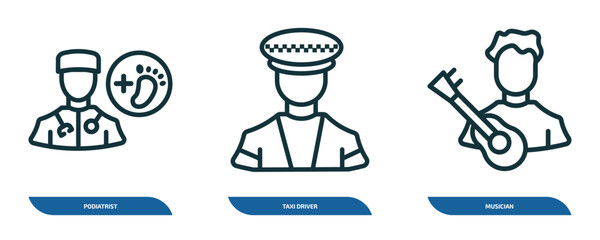 Poster - set of 3 linear icons from professions concept. outline icons such as podiatrist, taxi driver, musician vector