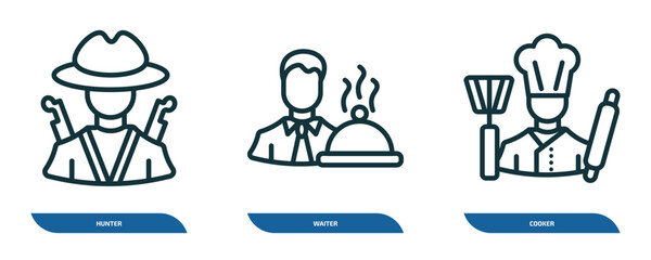 Poster - set of 3 linear icons from professions concept. outline icons such as hunter, waiter, cooker vector