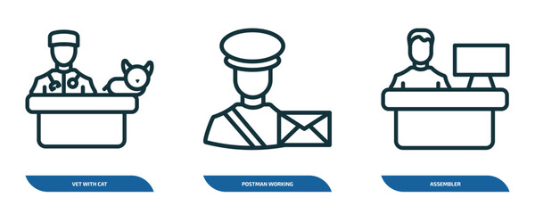 Poster - set of 3 linear icons from people concept. outline icons such as vet with cat, postman working, asse