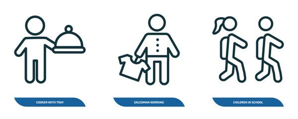 Poster - set of 3 linear icons from people concept. outline icons such as cooker with tray, salesman working, children in school vector
