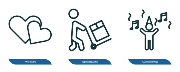 Poster - set of 3 linear icons from people concept. outline icons such as two hearts, worker loading, man celebrating vector