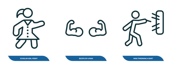 Poster - set of 3 linear icons from people concept. outline icons such as scholar girl front, biceps of a man, man throwing a dart vector
