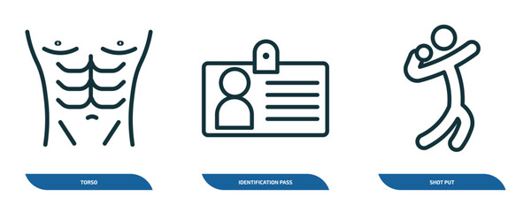 Poster - set of 3 linear icons from people concept. outline icons such as torso, identification pass, shot put vector
