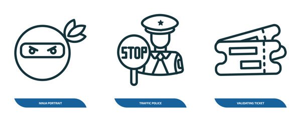 Poster - set of 3 linear icons from people concept. outline icons such as ninja portrait, traffic police, validating ticket vector