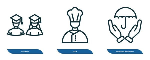 Poster - set of 3 linear icons from people concept. outline icons such as students, cook, insurance protection vector