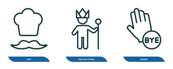 Poster - set of 3 linear icons from people concept. outline icons such as chief, king in his throne, goodbye vector