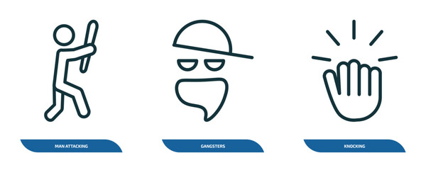 Poster - set of 3 linear icons from people concept. outline icons such as man attacking, gangsters, knocking 