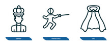 Set Of 3 Linear Icons From People Concept. Outline Icons Such As Empress, Fencing Attack, Cape Vector