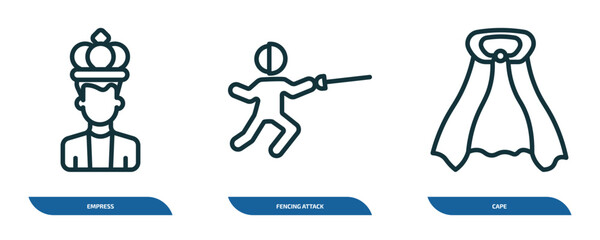Poster - set of 3 linear icons from people concept. outline icons such as empress, fencing attack, cape vector