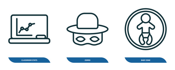 Poster - set of 3 linear icons from people concept. outline icons such as classroom stats, zorro, baby zone vector