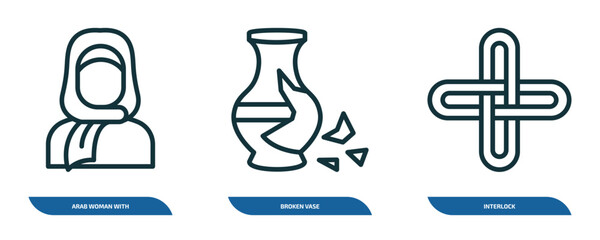 Poster - set of 3 linear icons from other concept. outline icons such as arab woman with hijab, broken vase, interlock vector