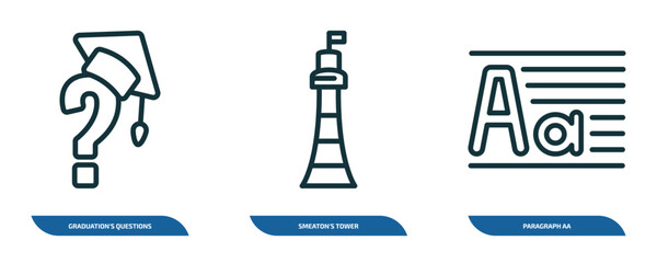 Poster - set of 3 linear icons from other concept. outline icons such as graduation's questions, smeaton's tower, paragraph aa vector