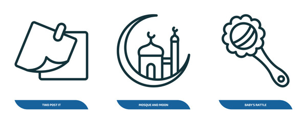 set of 3 linear icons from other concept. outline icons such as two post it, mosque and moon, baby's rattle vector