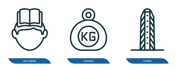 Poster - set of 3 linear icons from other concept. outline icons such as self learning, kilograms, flatiron vector