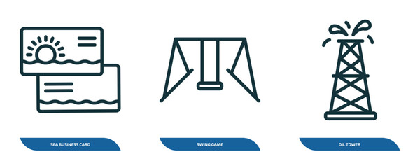 Poster - set of 3 linear icons from other concept. outline icons such as sea business card, swing game, oil tower vector
