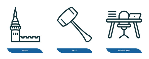 Poster - set of 3 linear icons from other concept. outline icons such as kremln, mallet, studying zone vector