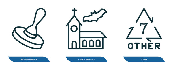 Poster - set of 3 linear icons from other concept. outline icons such as wooden stamper, church with bats, 7 other vector