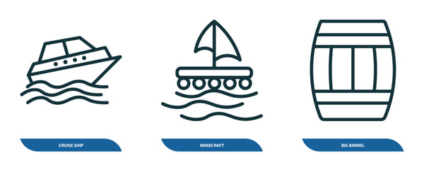 Poster - set of 3 linear icons from nautical concept. outline icons such as cruise ship, wood raft, big barre
