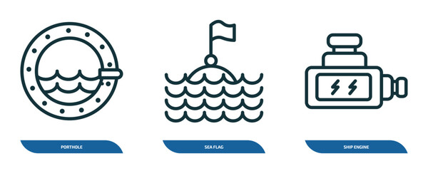 Poster - set of 3 linear icons from nautical concept. outline icons such as porthole, sea flag, ship engine v