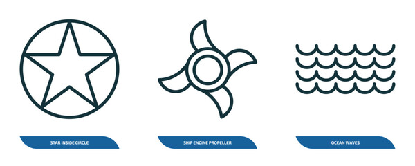 Poster - set of 3 linear icons from nautical concept. outline icons such as star inside circle, ship engine propeller, ocean waves vector