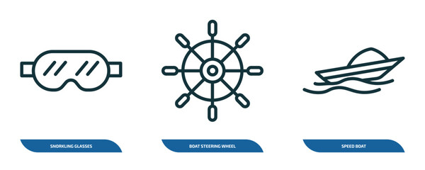 Poster - set of 3 linear icons from nautical concept. outline icons such as snorkling glasses, boat steering 