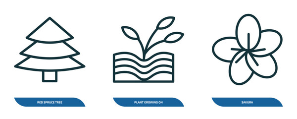 Poster - set of 3 linear icons from nature concept. outline icons such as red spruce tree, plant growing on book, sakura vector